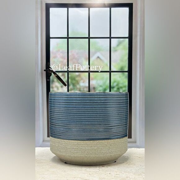 Ocean Blue and Beige Ceramic Planter Pot with Drainage Hole - Picture 1 of 9